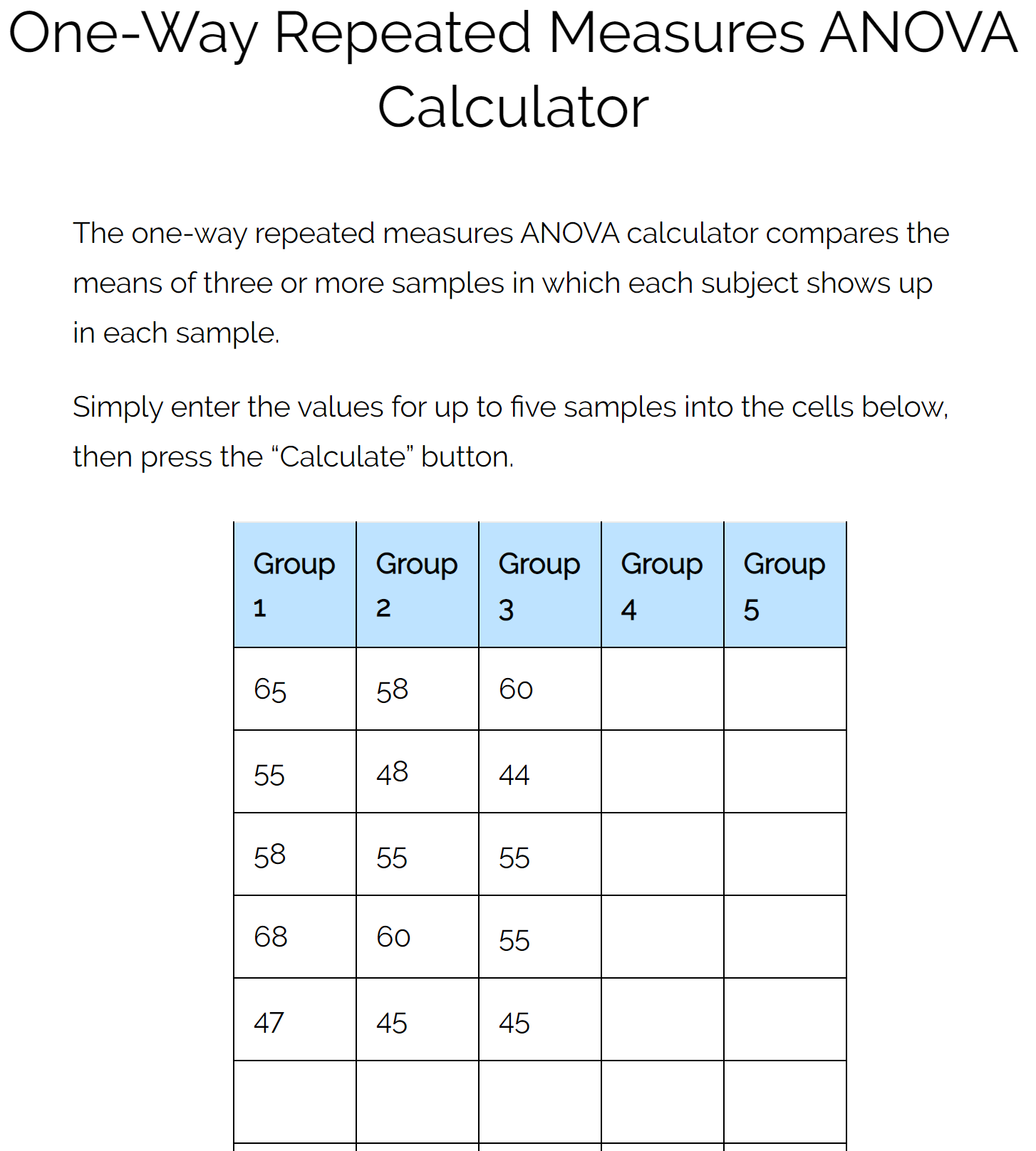 One way repeated measures ANOVA calculator