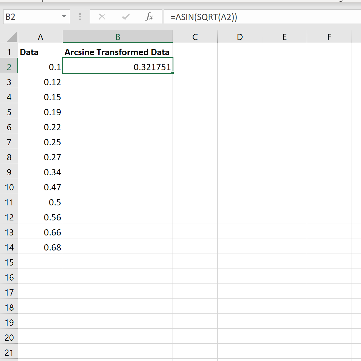Arcsine transformation in Excel