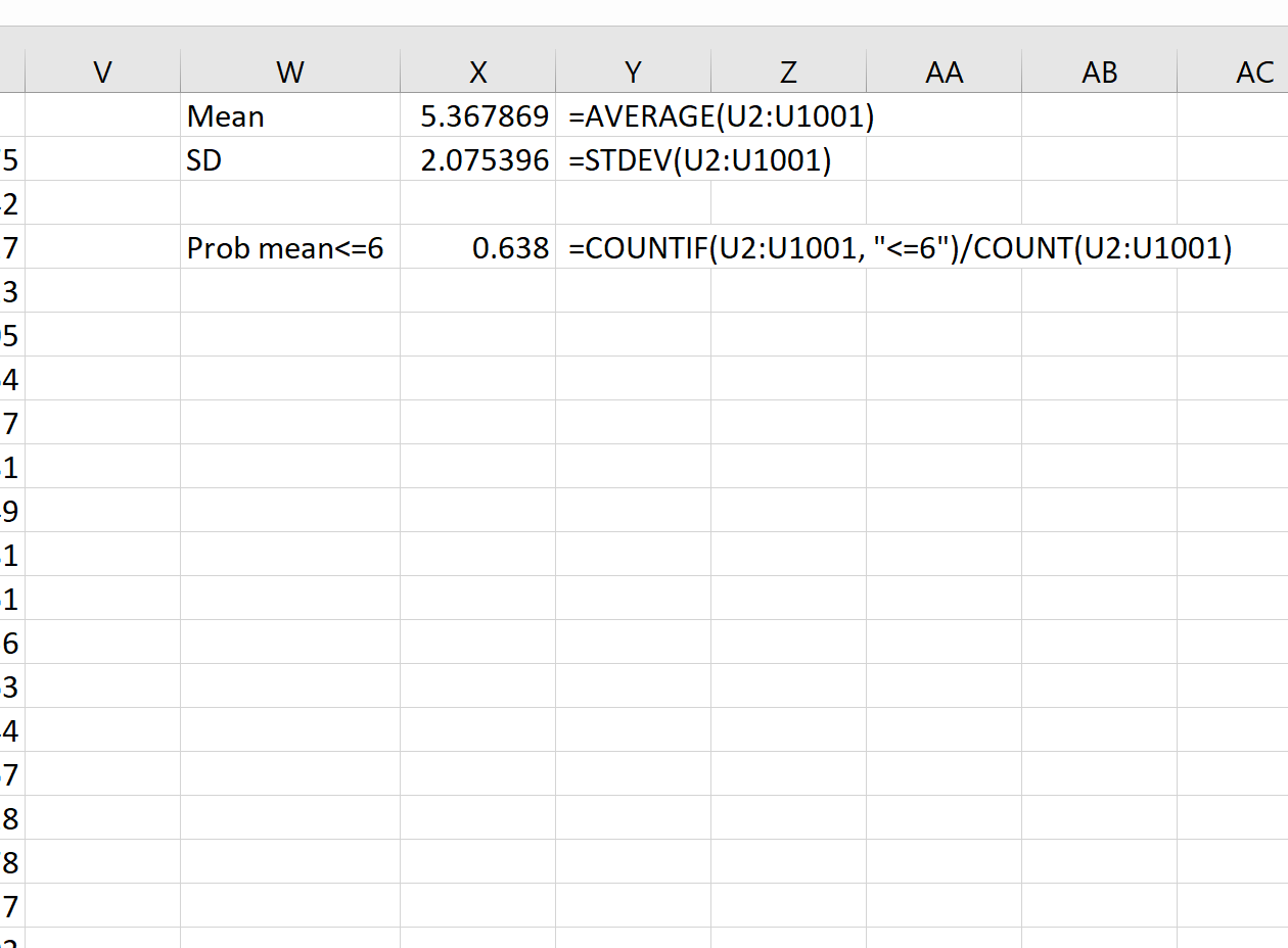 Sampling distribution example in Excel